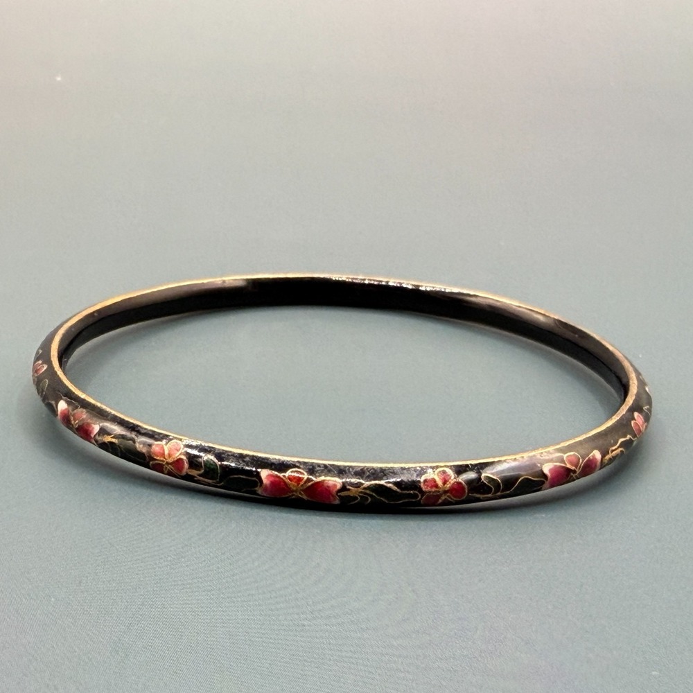Black Cloisonne Floral Enamel Bangle Bracelet Pink Flowers Gold Tone Vintage